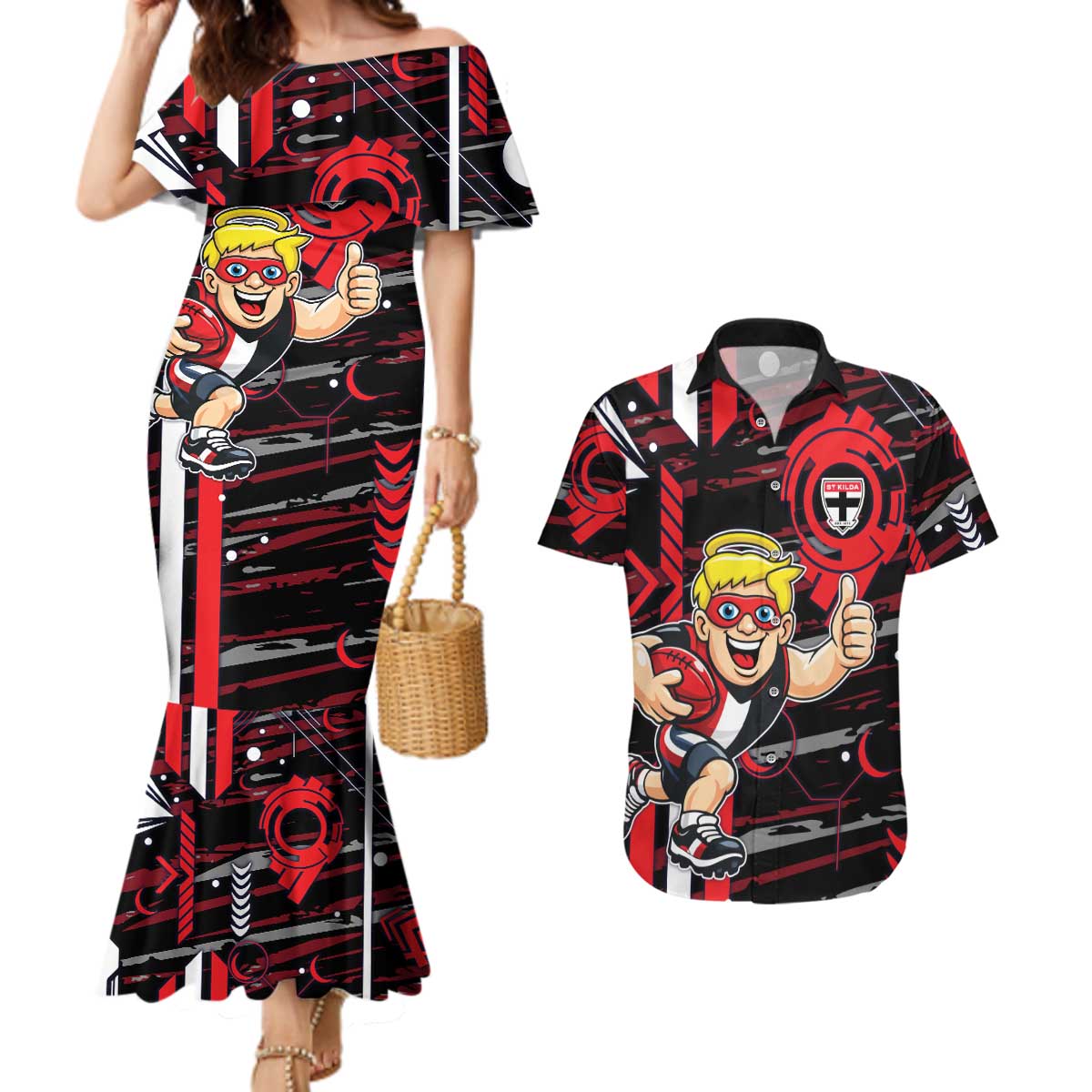 St Kilda Saints Couples Matching Mermaid Dress and Hawaiian Shirt Mascot Cartoon Football Illustration Style
