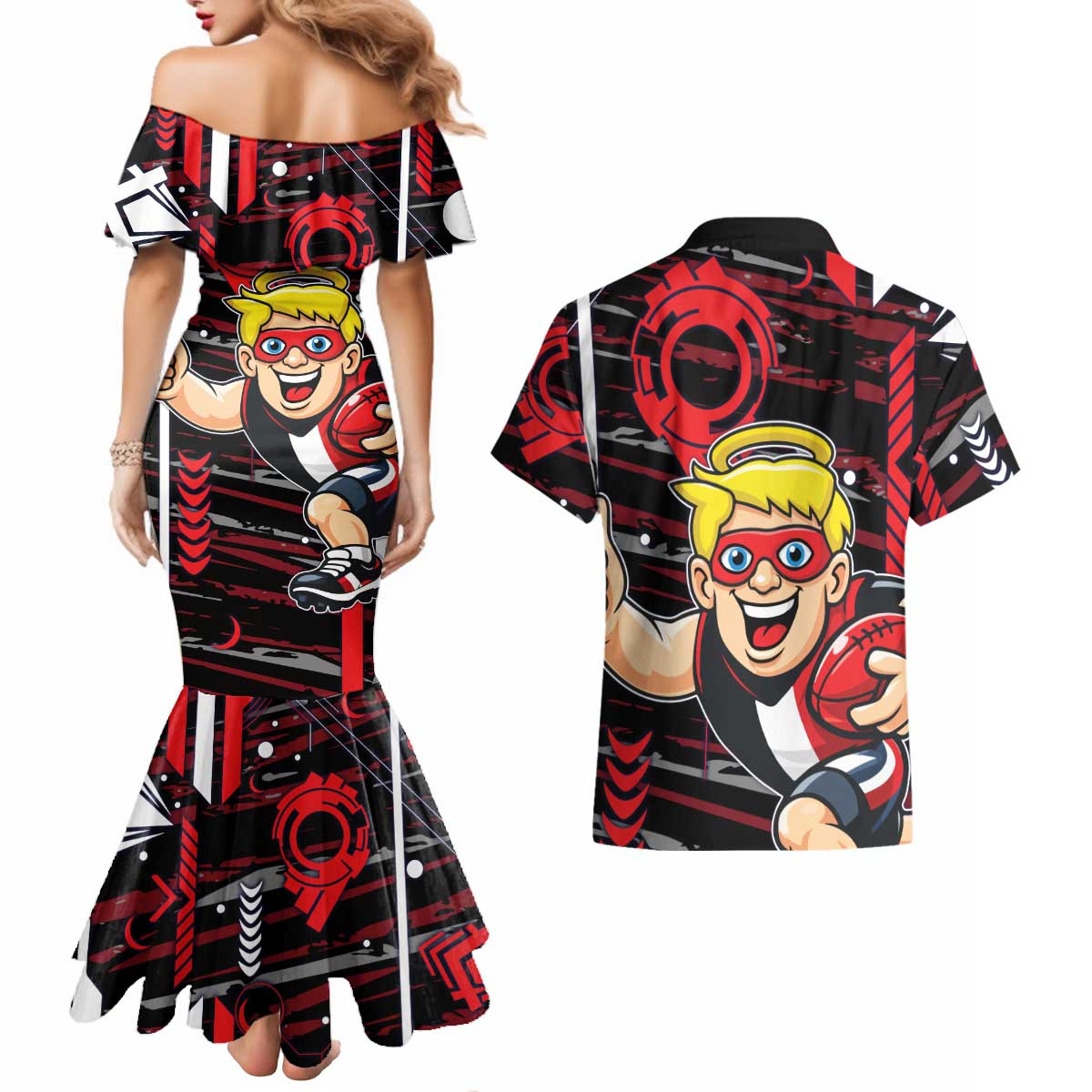 St Kilda Saints Couples Matching Mermaid Dress and Hawaiian Shirt Mascot Cartoon Football Illustration Style