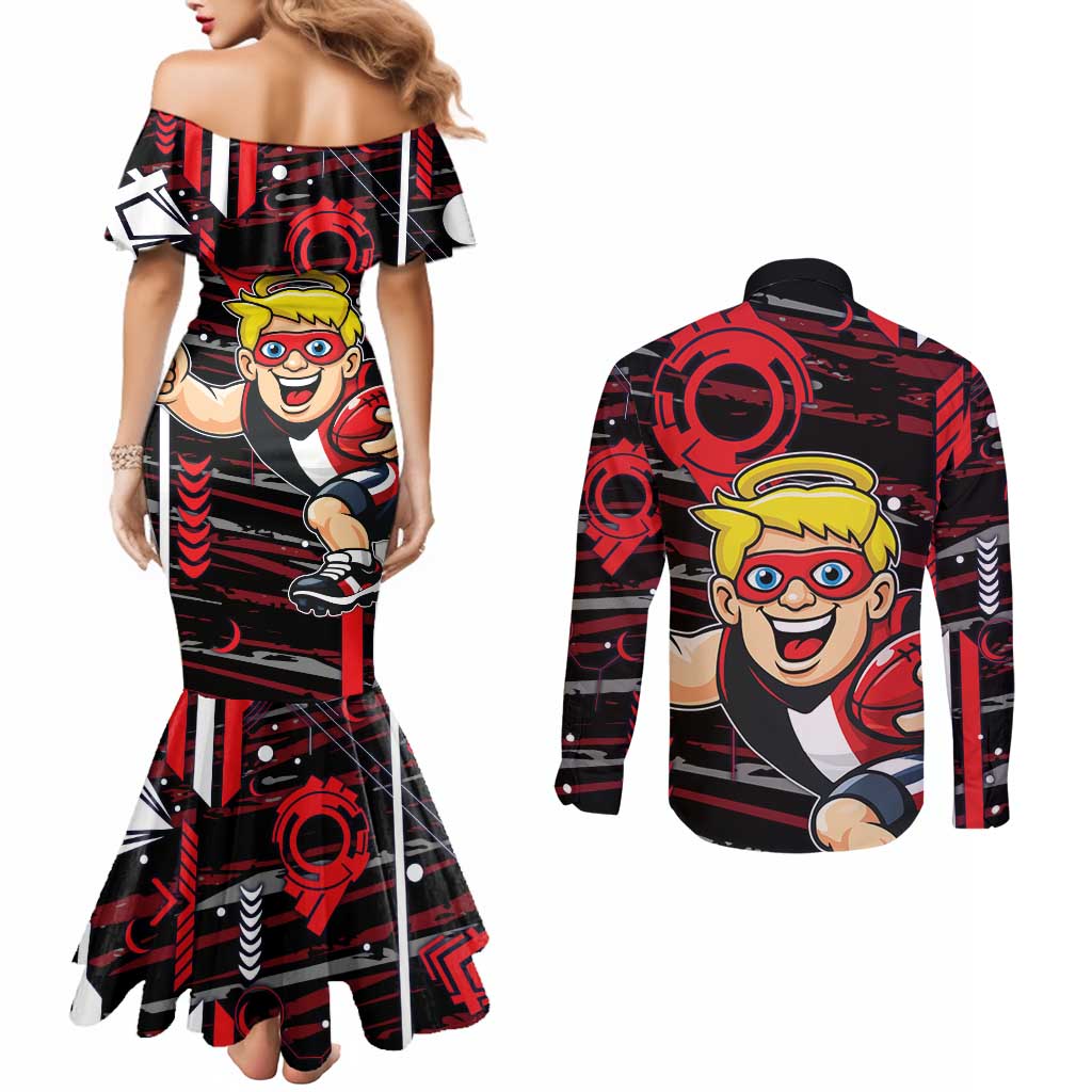 St Kilda Saints Couples Matching Mermaid Dress and Long Sleeve Button Shirt Mascot Cartoon Football Illustration Style