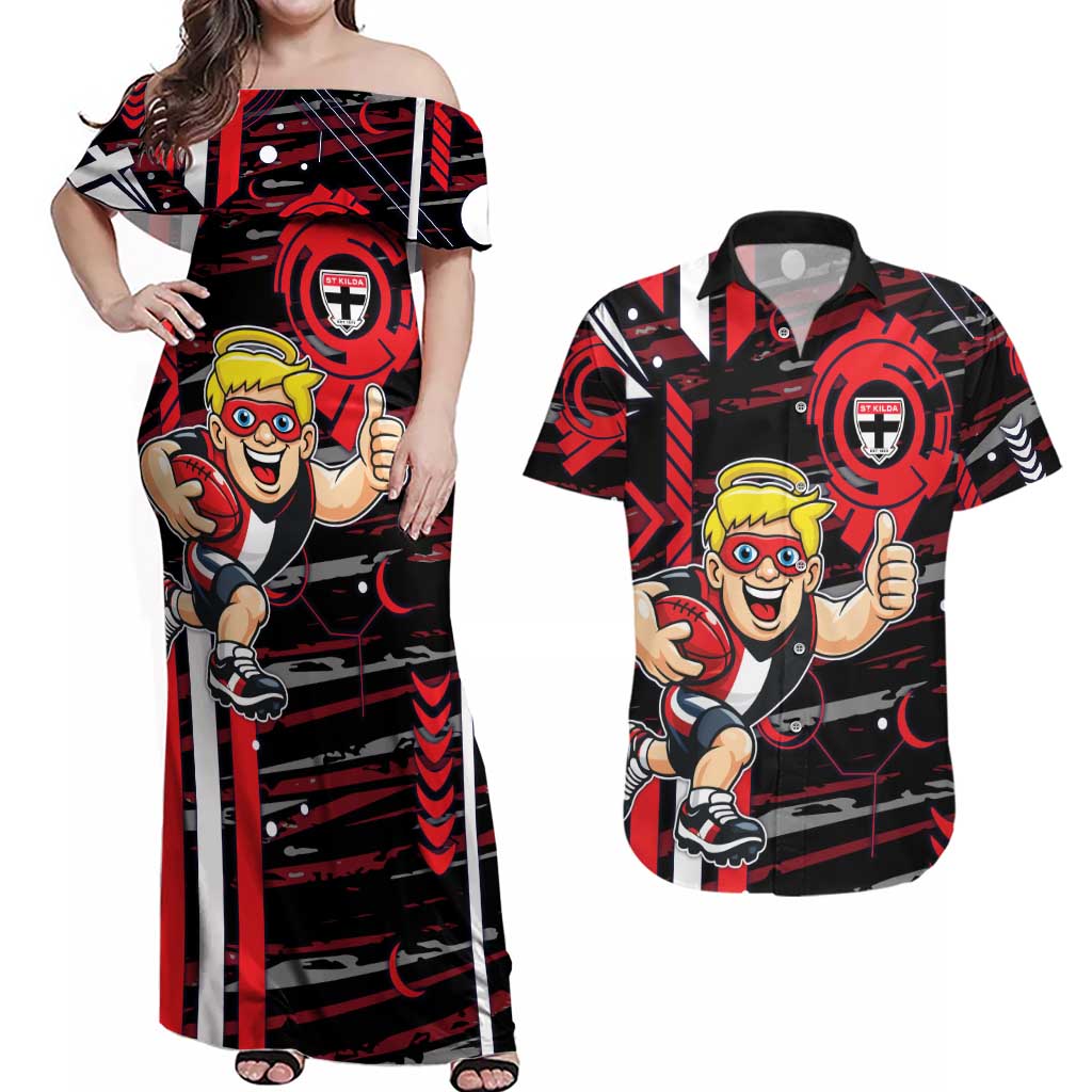 St Kilda Saints Couples Matching Off Shoulder Maxi Dress and Hawaiian Shirt Mascot Cartoon Football Illustration Style