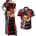 St Kilda Saints Couples Matching Off Shoulder Maxi Dress and Hawaiian Shirt Mascot Cartoon Football Illustration Style
