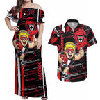 St Kilda Saints Couples Matching Off Shoulder Maxi Dress and Hawaiian Shirt Mascot Cartoon Football Illustration Style