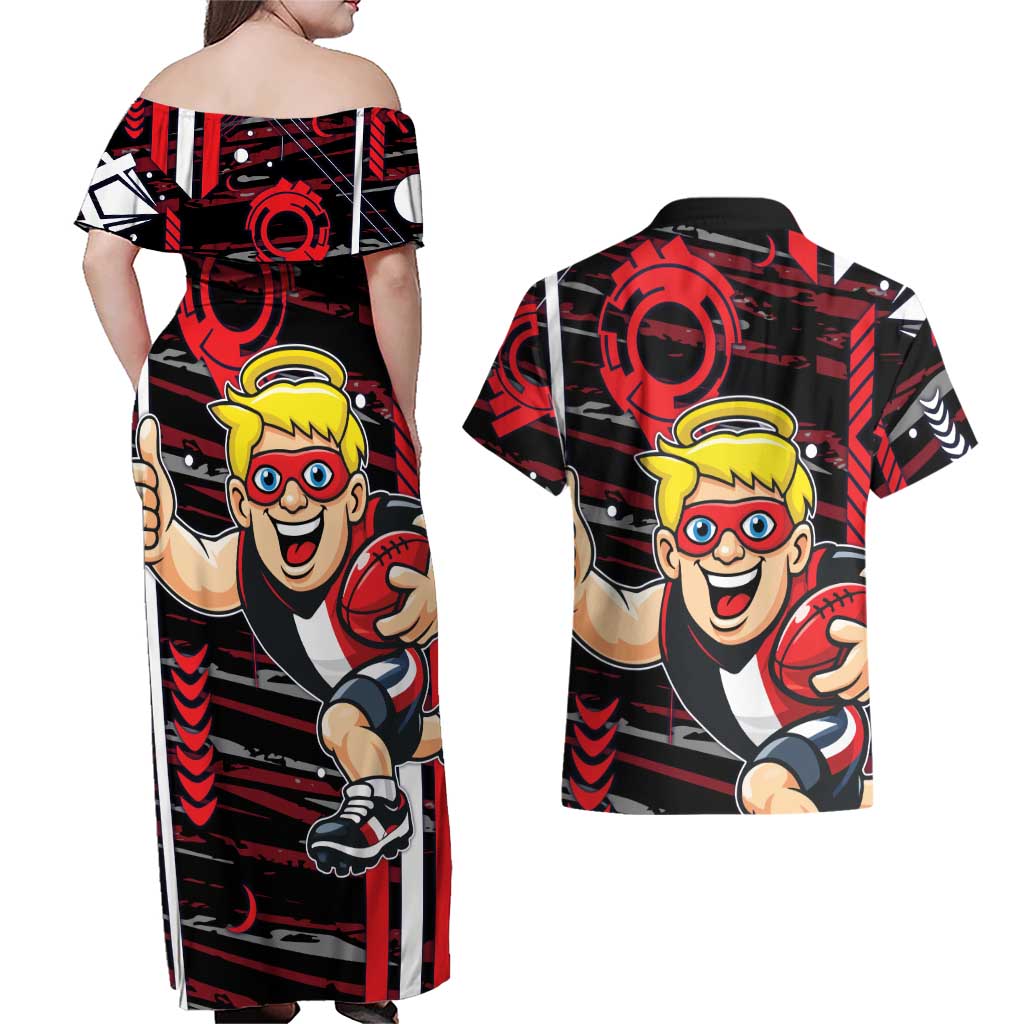 St Kilda Saints Couples Matching Off Shoulder Maxi Dress and Hawaiian Shirt Mascot Cartoon Football Illustration Style