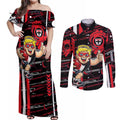 St Kilda Saints Couples Matching Off Shoulder Maxi Dress and Long Sleeve Button Shirt Mascot Cartoon Football Illustration Style