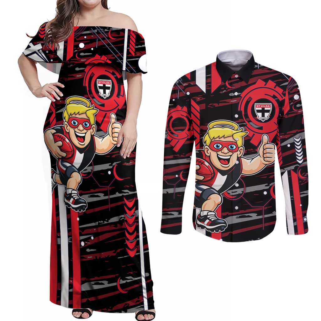St Kilda Saints Couples Matching Off Shoulder Maxi Dress and Long Sleeve Button Shirt Mascot Cartoon Football Illustration Style