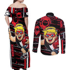 St Kilda Saints Couples Matching Off Shoulder Maxi Dress and Long Sleeve Button Shirt Mascot Cartoon Football Illustration Style