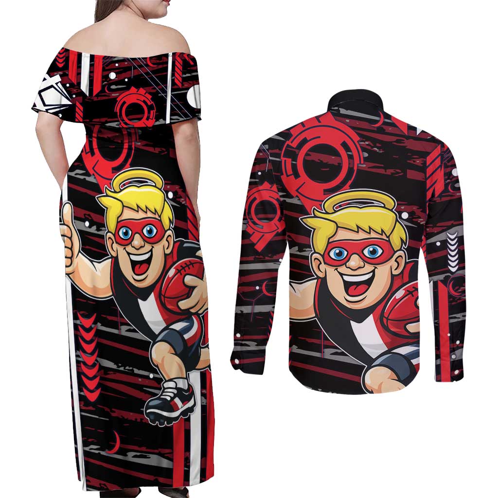 St Kilda Saints Couples Matching Off Shoulder Maxi Dress and Long Sleeve Button Shirt Mascot Cartoon Football Illustration Style