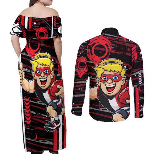 St Kilda Saints Couples Matching Off Shoulder Maxi Dress and Long Sleeve Button Shirt Mascot Cartoon Football Illustration Style