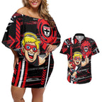 St Kilda Saints Couples Matching Off Shoulder Short Dress and Hawaiian Shirt Mascot Cartoon Football Illustration Style