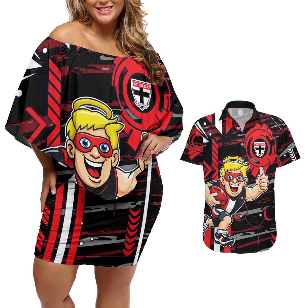 St Kilda Saints Couples Matching Off Shoulder Short Dress and Hawaiian Shirt Mascot Cartoon Football Illustration Style
