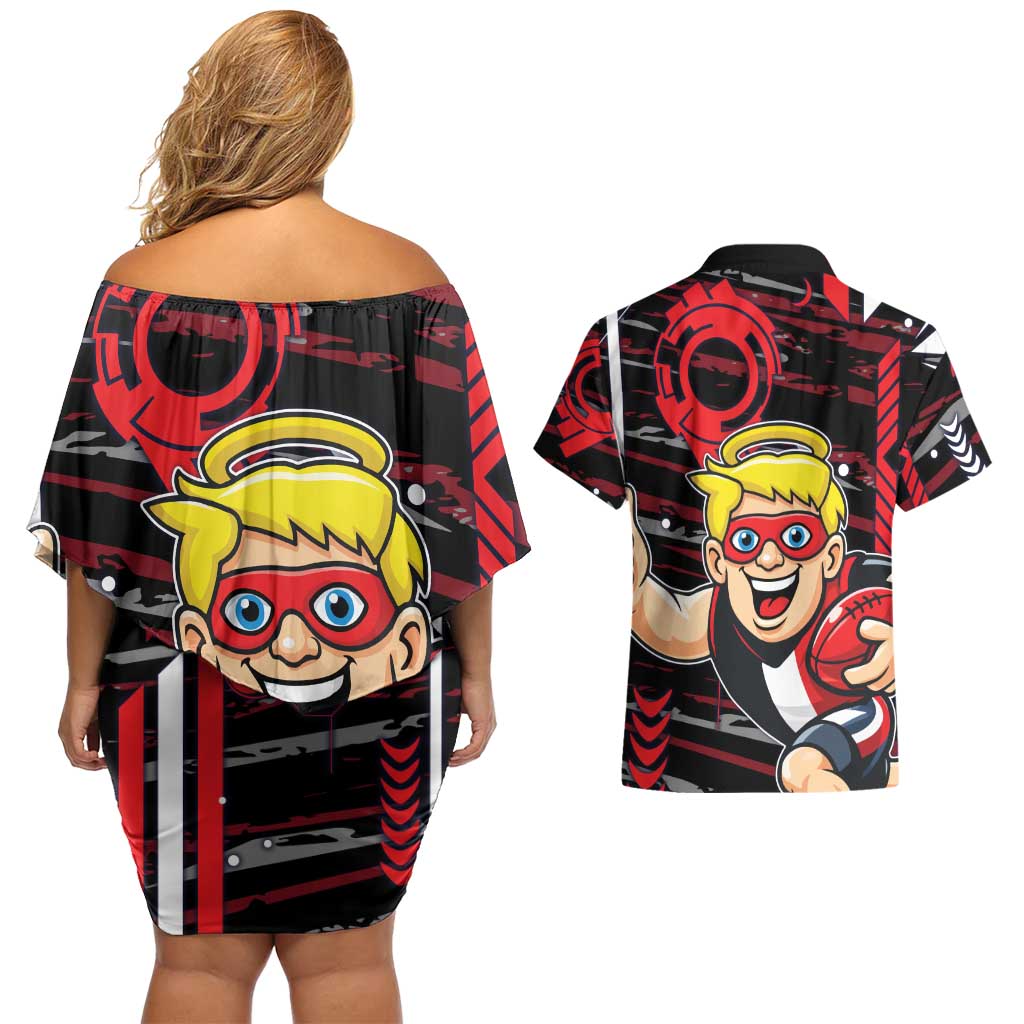 St Kilda Saints Couples Matching Off Shoulder Short Dress and Hawaiian Shirt Mascot Cartoon Football Illustration Style