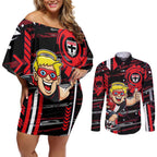 St Kilda Saints Couples Matching Off Shoulder Short Dress and Long Sleeve Button Shirt Mascot Cartoon Football Illustration Style