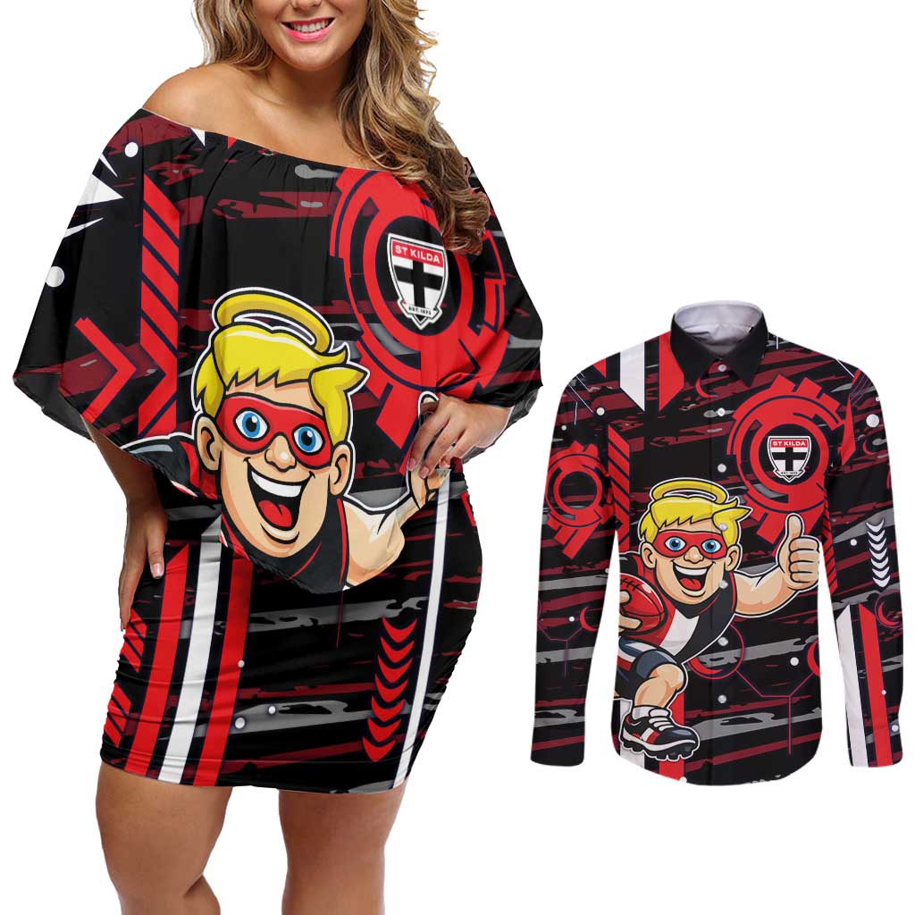 St Kilda Saints Couples Matching Off Shoulder Short Dress and Long Sleeve Button Shirt Mascot Cartoon Football Illustration Style