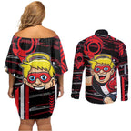 St Kilda Saints Couples Matching Off Shoulder Short Dress and Long Sleeve Button Shirt Mascot Cartoon Football Illustration Style