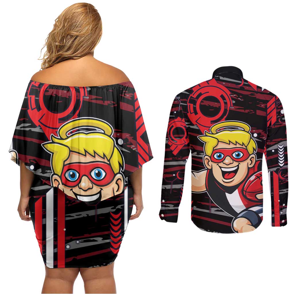 St Kilda Saints Couples Matching Off Shoulder Short Dress and Long Sleeve Button Shirt Mascot Cartoon Football Illustration Style