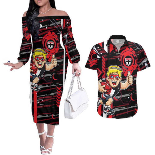 St Kilda Saints Couples Matching Off The Shoulder Long Sleeve Dress and Hawaiian Shirt Mascot Cartoon Football Illustration Style