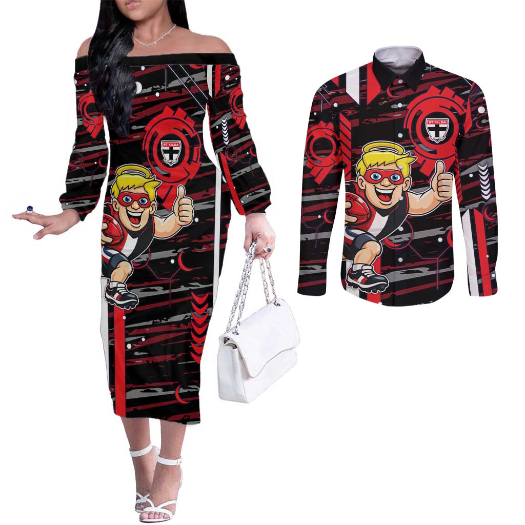 St Kilda Saints Couples Matching Off The Shoulder Long Sleeve Dress and Long Sleeve Button Shirt Mascot Cartoon Football Illustration Style