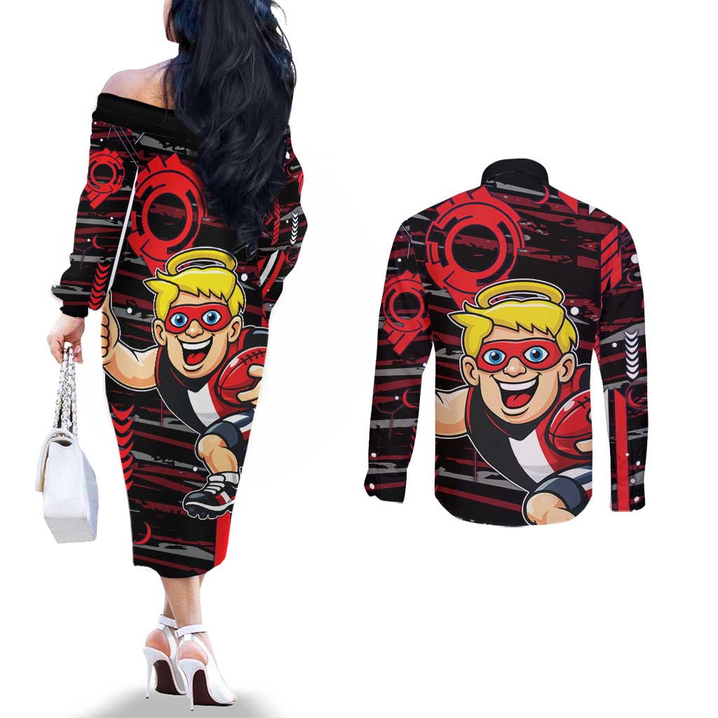St Kilda Saints Couples Matching Off The Shoulder Long Sleeve Dress and Long Sleeve Button Shirt Mascot Cartoon Football Illustration Style
