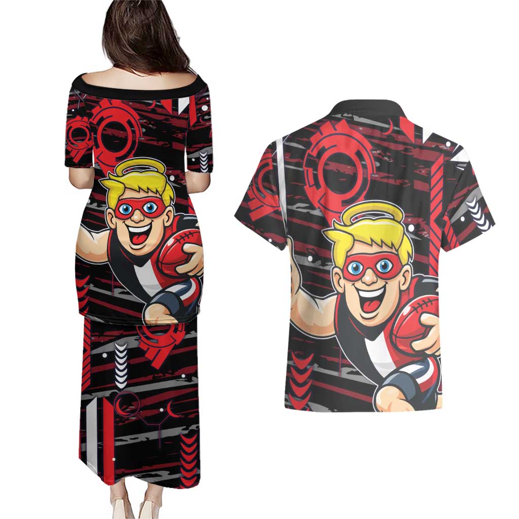 St Kilda Saints Couples Matching Puletasi and Hawaiian Shirt Mascot Cartoon Football Illustration Style