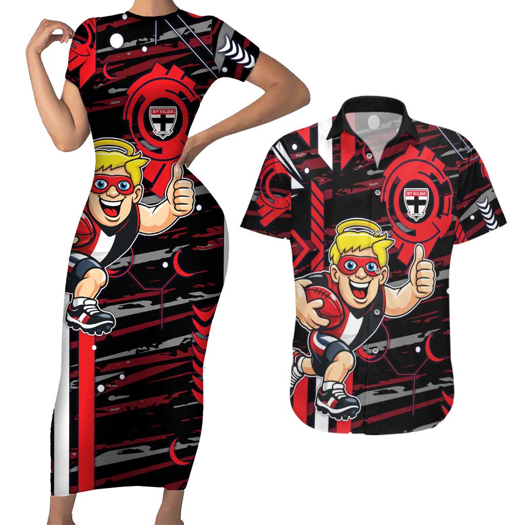 St Kilda Saints Couples Matching Short Sleeve Bodycon Dress and Hawaiian Shirt Mascot Cartoon Football Illustration Style