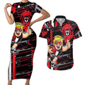 St Kilda Saints Couples Matching Short Sleeve Bodycon Dress and Hawaiian Shirt Mascot Cartoon Football Illustration Style