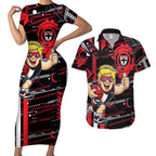 St Kilda Saints Couples Matching Short Sleeve Bodycon Dress and Hawaiian Shirt Mascot Cartoon Football Illustration Style