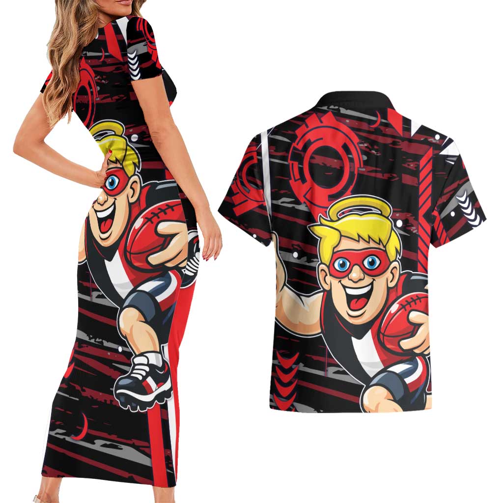 St Kilda Saints Couples Matching Short Sleeve Bodycon Dress and Hawaiian Shirt Mascot Cartoon Football Illustration Style