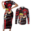 St Kilda Saints Couples Matching Short Sleeve Bodycon Dress and Long Sleeve Button Shirt Mascot Cartoon Football Illustration Style