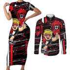 St Kilda Saints Couples Matching Short Sleeve Bodycon Dress and Long Sleeve Button Shirt Mascot Cartoon Football Illustration Style
