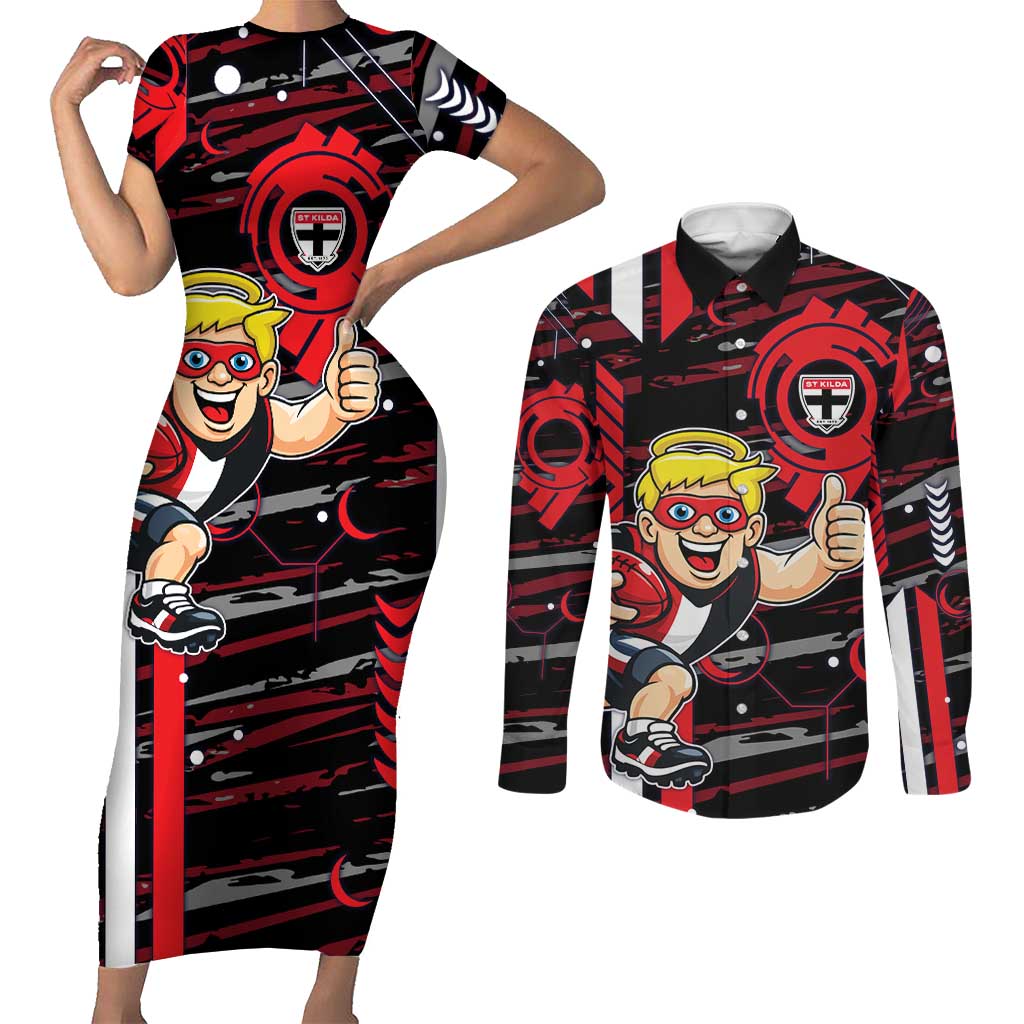 St Kilda Saints Couples Matching Short Sleeve Bodycon Dress and Long Sleeve Button Shirt Mascot Cartoon Football Illustration Style