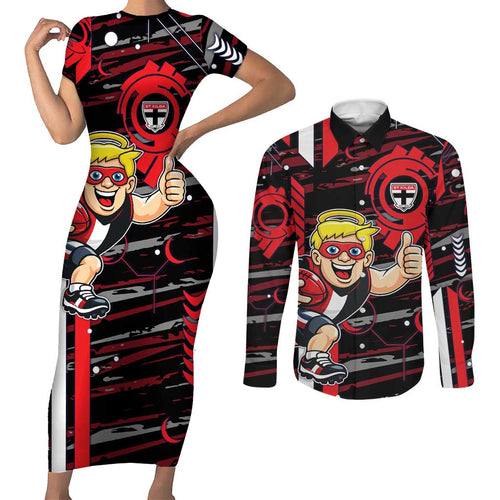 St Kilda Saints Couples Matching Short Sleeve Bodycon Dress and Long Sleeve Button Shirt Mascot Cartoon Football Illustration Style