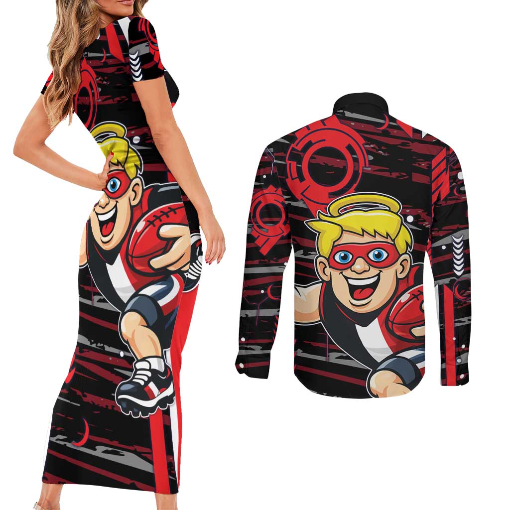 St Kilda Saints Couples Matching Short Sleeve Bodycon Dress and Long Sleeve Button Shirt Mascot Cartoon Football Illustration Style