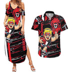 St Kilda Saints Couples Matching Summer Maxi Dress and Hawaiian Shirt Mascot Cartoon Football Illustration Style