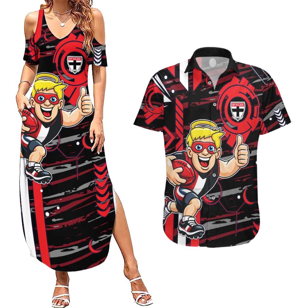 St Kilda Saints Couples Matching Summer Maxi Dress and Hawaiian Shirt Mascot Cartoon Football Illustration Style