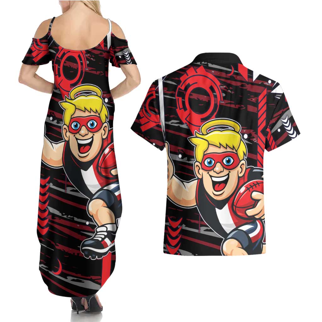 St Kilda Saints Couples Matching Summer Maxi Dress and Hawaiian Shirt Mascot Cartoon Football Illustration Style