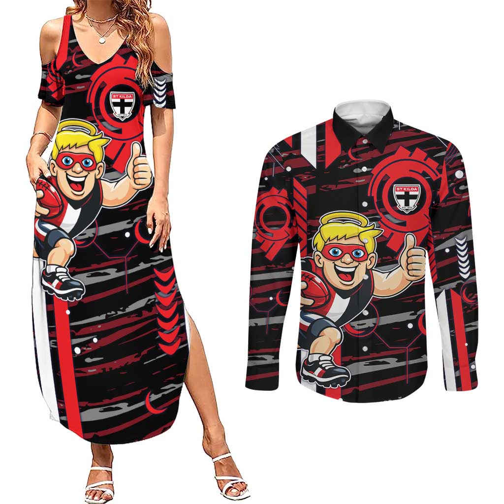 St Kilda Saints Couples Matching Summer Maxi Dress and Long Sleeve Button Shirt Mascot Cartoon Football Illustration Style