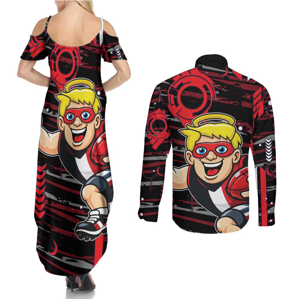 St Kilda Saints Couples Matching Summer Maxi Dress and Long Sleeve Button Shirt Mascot Cartoon Football Illustration Style
