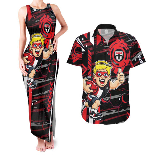St Kilda Saints Couples Matching Tank Maxi Dress and Hawaiian Shirt Mascot Cartoon Football Illustration Style