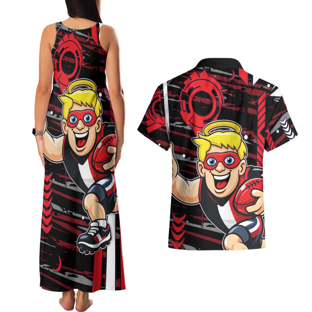 St Kilda Saints Couples Matching Tank Maxi Dress and Hawaiian Shirt Mascot Cartoon Football Illustration Style