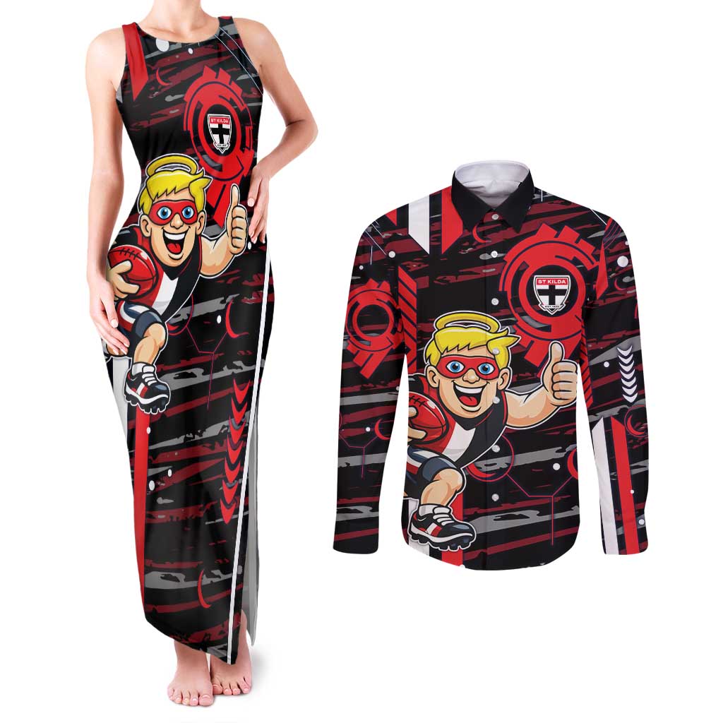 St Kilda Saints Couples Matching Tank Maxi Dress and Long Sleeve Button Shirt Mascot Cartoon Football Illustration Style