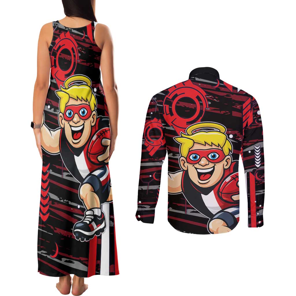 St Kilda Saints Couples Matching Tank Maxi Dress and Long Sleeve Button Shirt Mascot Cartoon Football Illustration Style