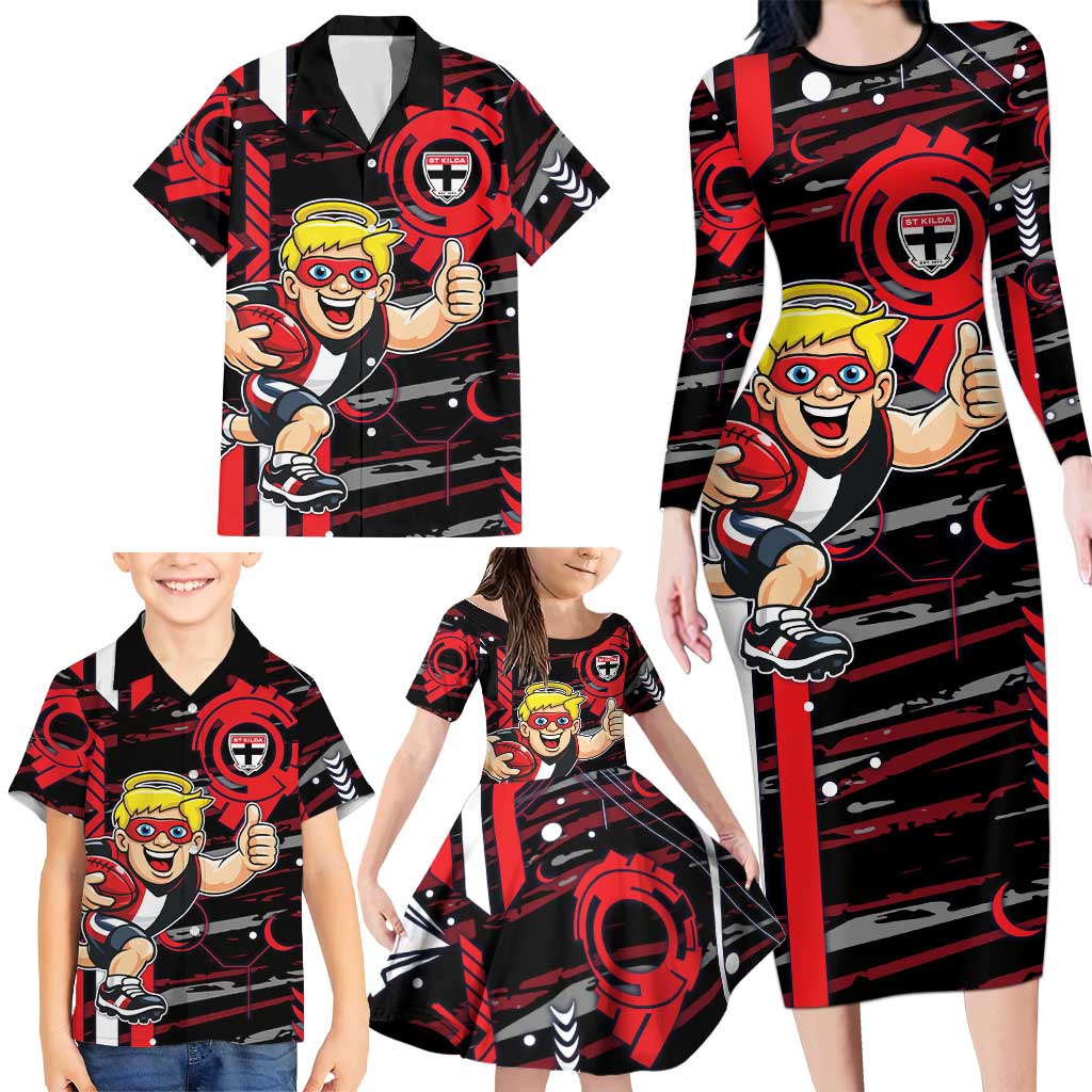 St Kilda Saints Family Matching Long Sleeve Bodycon Dress and Hawaiian Shirt Mascot Cartoon Football Illustration Style