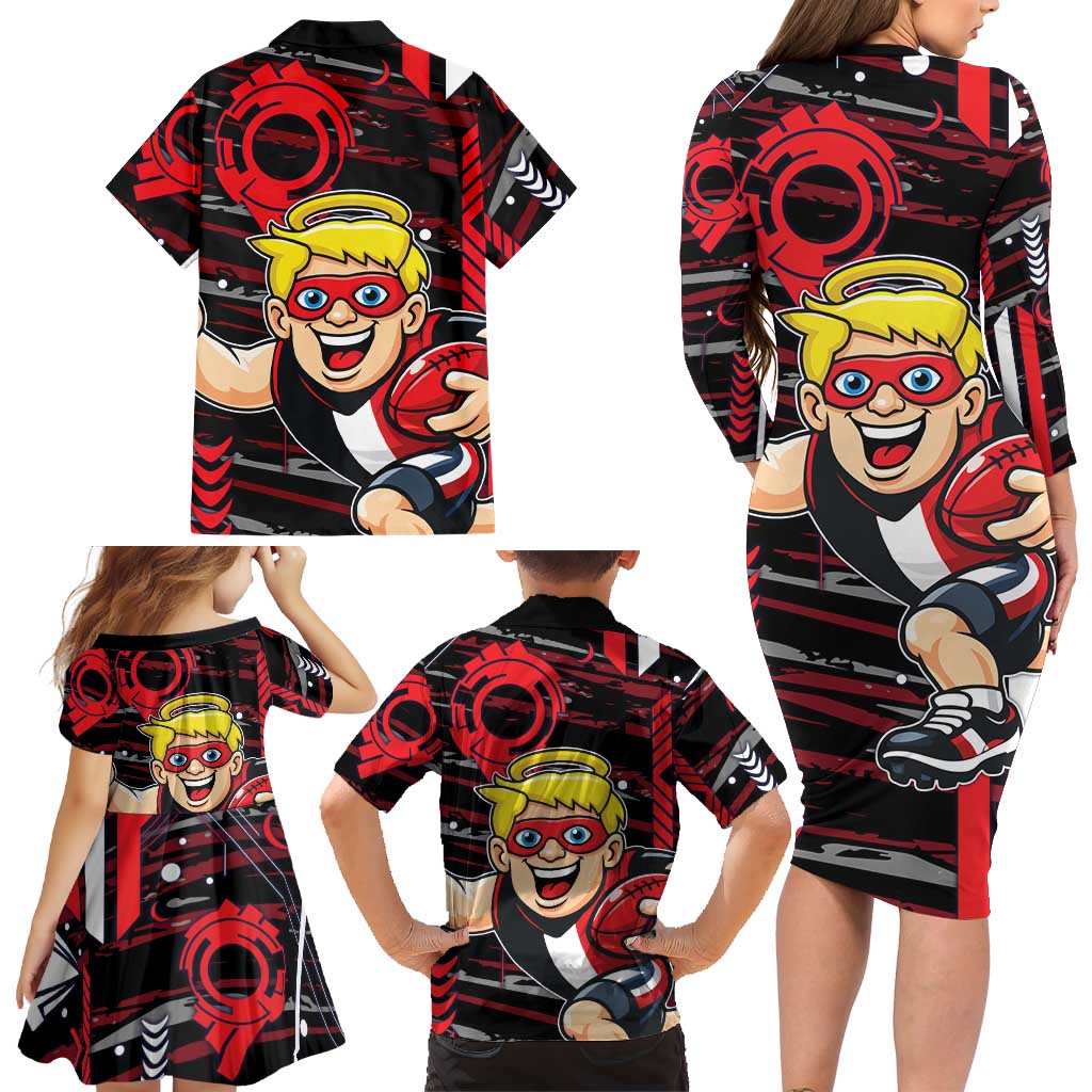St Kilda Saints Family Matching Long Sleeve Bodycon Dress and Hawaiian Shirt Mascot Cartoon Football Illustration Style