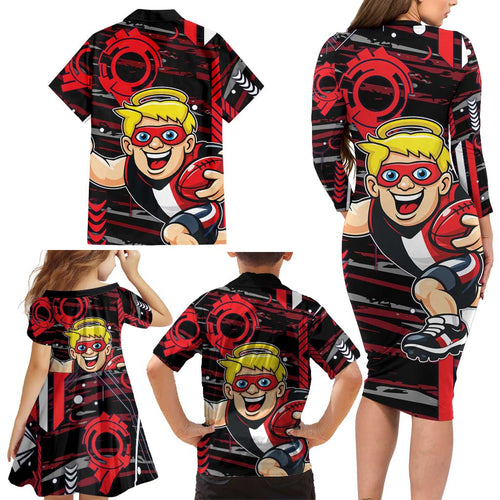 St Kilda Saints Family Matching Long Sleeve Bodycon Dress and Hawaiian Shirt Mascot Cartoon Football Illustration Style