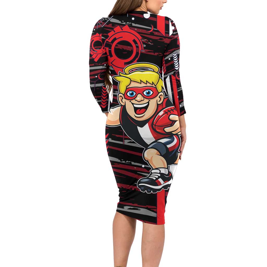 St Kilda Saints Family Matching Long Sleeve Bodycon Dress and Hawaiian Shirt Mascot Cartoon Football Illustration Style