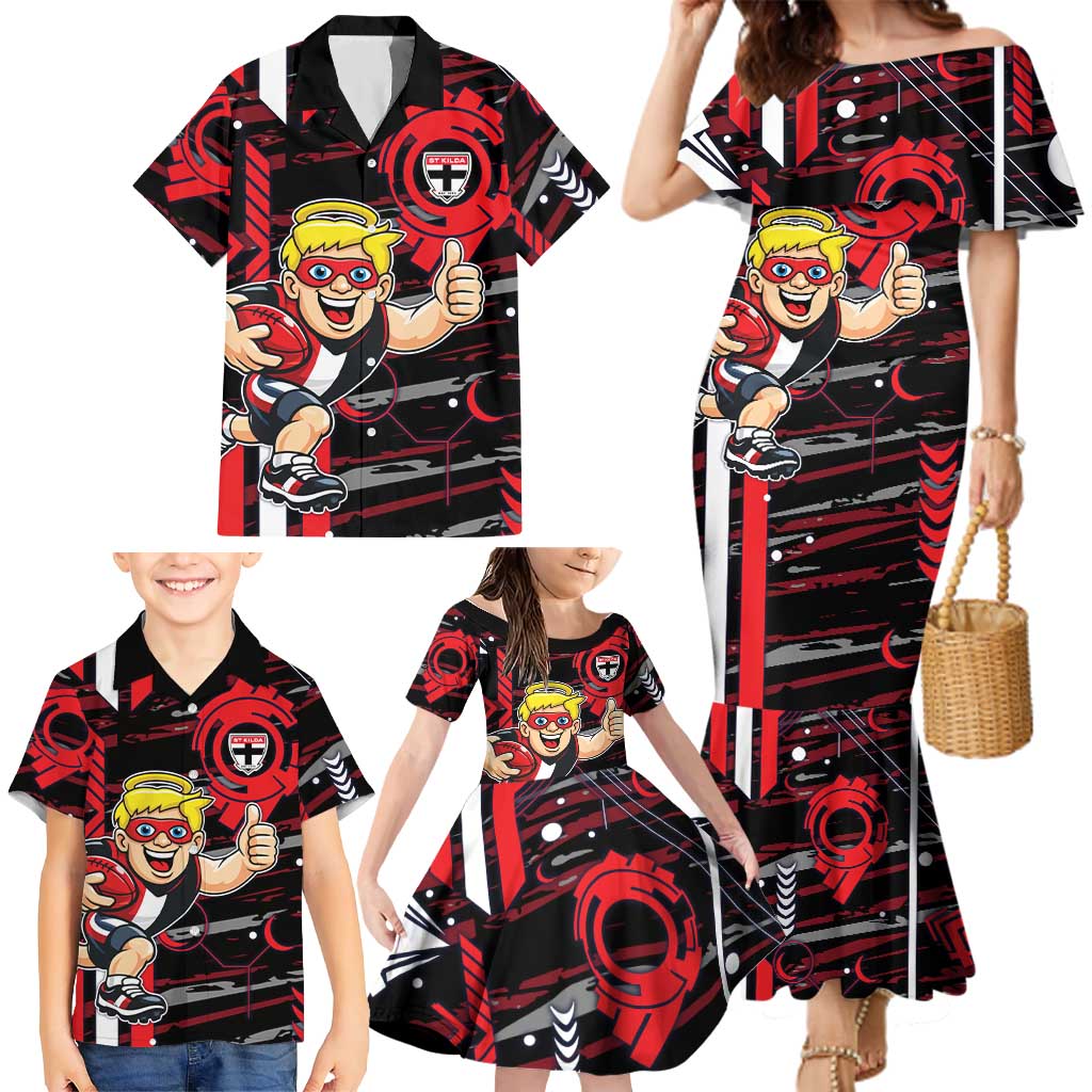 St Kilda Saints Family Matching Mermaid Dress and Hawaiian Shirt Mascot Cartoon Football Illustration Style