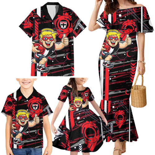 St Kilda Saints Family Matching Mermaid Dress and Hawaiian Shirt Mascot Cartoon Football Illustration Style