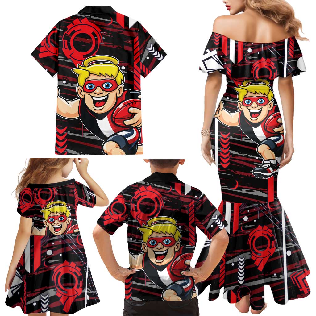 St Kilda Saints Family Matching Mermaid Dress and Hawaiian Shirt Mascot Cartoon Football Illustration Style