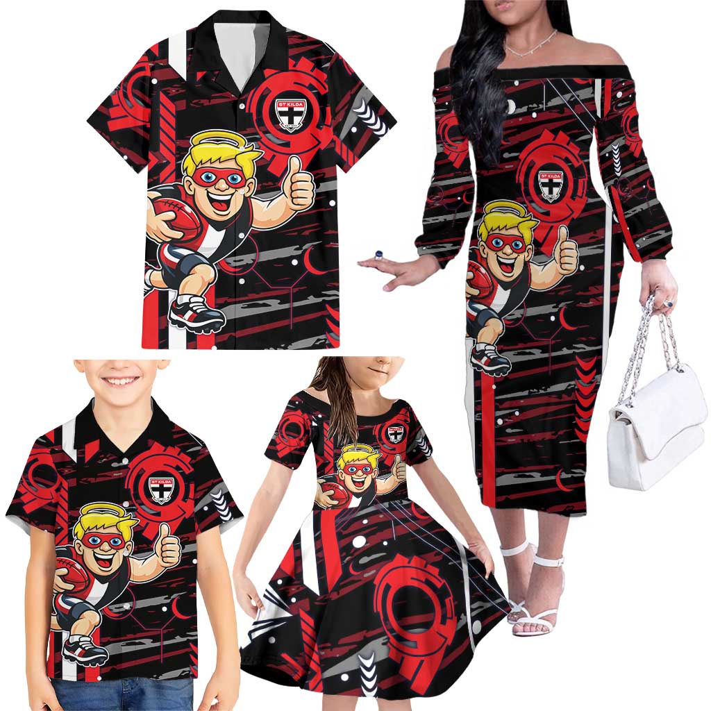 St Kilda Saints Family Matching Off The Shoulder Long Sleeve Dress and Hawaiian Shirt Mascot Cartoon Football Illustration Style