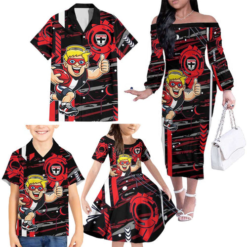 St Kilda Saints Family Matching Off The Shoulder Long Sleeve Dress and Hawaiian Shirt Mascot Cartoon Football Illustration Style